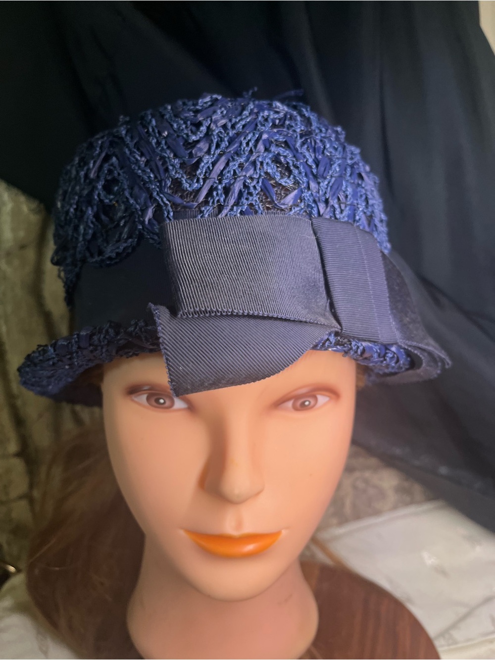 Vintage 50s-60s Navy Blue Visca Straw Crochet Bucket Cloche Hat Grossgrain Bow